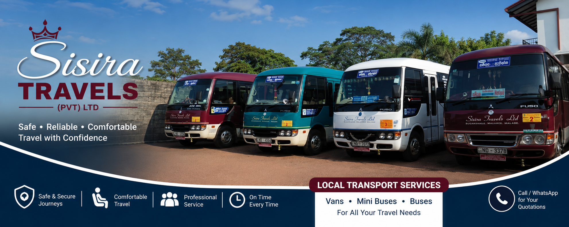 Sisira Travels bus fleet banner with vans, mini buses and buses